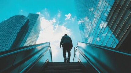 A lone figure ascends an escalator towards towering skyscrapers, bright sky above