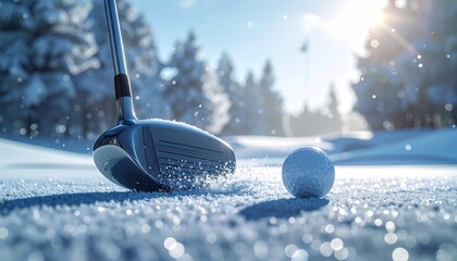 Golf ball and club resting on lush green grass ready for a swing