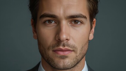 Fototapeta premium A close-up portrait of a handsome man with a serious expression. The man has a chiseled jawline, with neatly groomed hair, and piercing eyes. He exudes confidence and sophistication.