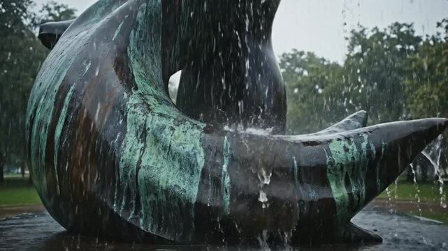Verdigris Bronze Sculpture Fountain Raining Heavily in Public Park - Weathered Artistic Decay