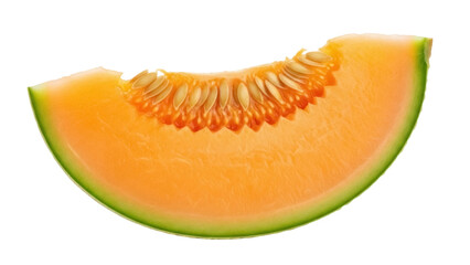 Slice of cantaloupe melon isolated PNG on transparent background, fresh orange fruit with seeds for healthy eating and summer recipes