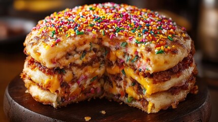 A multi-layered cake with colorful sprinkles, cut open to reveal savory filling and cheese