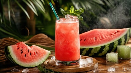Refreshing red drink in tall glass w/ mint, ice, & watermelon on wood, tropical vibe
