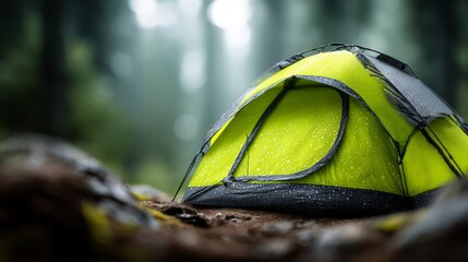 Raindrops cling to the vibrant tent as it stands in a lush forest. Surrounding tall trees create a serene atmosphere, perfect for a peaceful escape away from everyday life