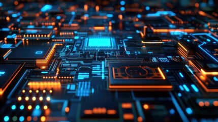 Intricate detail of a computer motherboard with glowing orange and blue circuitry