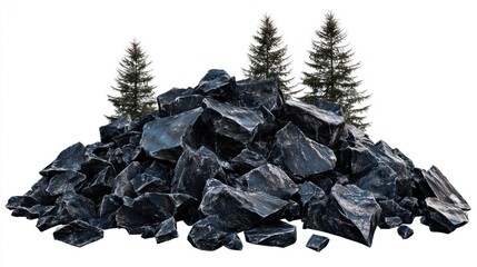 A pile of dark, jagged rocks with three coniferous trees in the background on a white background