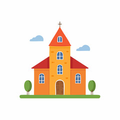 Naklejka premium Cartoon Church Building Illustration with Cross, Clouds, and Trees - Colorful and Bright Church Architecture