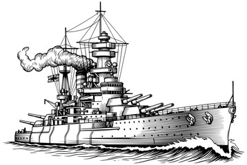 Historic warship sailing through choppy waters with smoke billowing © SaiKir