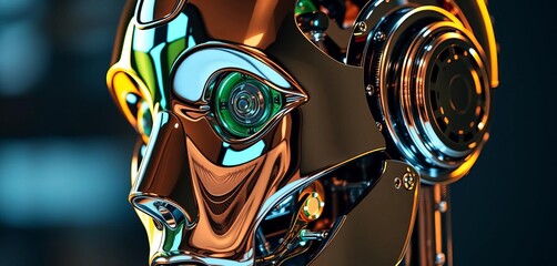 Close-up of a gleaming chrome robot head, intricate circuitry visible,  futuristic,  automation