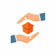 Naklejka premium Home security concept: Two hands protecting a small orange house model in graphic style.