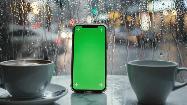 Smartphone with Green Screen and Tracking Markers on a Table with Coffee during Rain