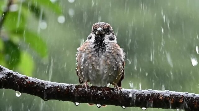 Wet House Sparrow Shaking Water Off Feathers on Rainy Branch - Wildlife Resilience and Survival