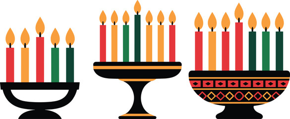 Three Menorahs with Lit Candles in Red Green and Yellow