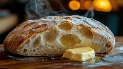 Freshly baked artisan bread with steam rising, cut open to show airy interior; melting butter