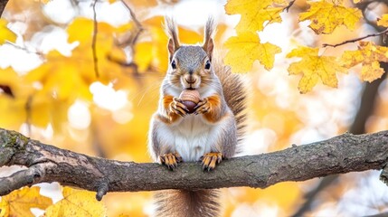 A fluffy squirrel with a nut sits perched on a tree branch, surrounded by yellow autumn leaves