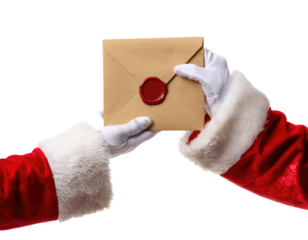 Santa hands in red gloves passing a brown envelope with red wax seal, traditional christmas mail concept isolated on a white surface, cut out