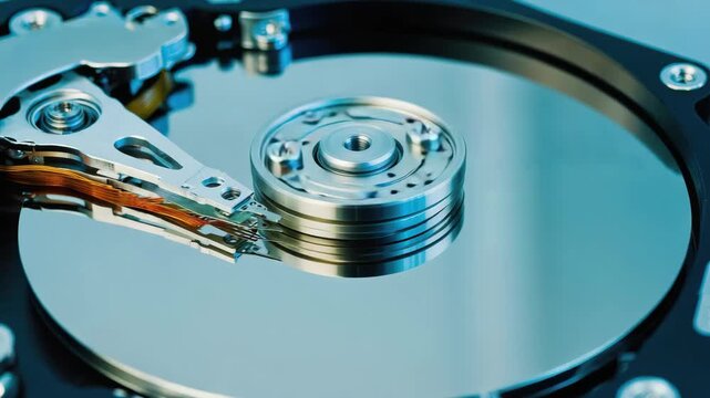 A close-up view of the platter and spindle in an internal hard drive.