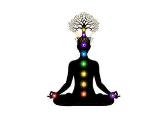 Meditating person with chakras and tree isolated on transparent background