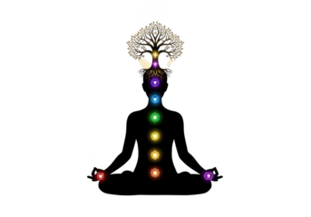 Meditating person with chakras and tree isolated on transparent background