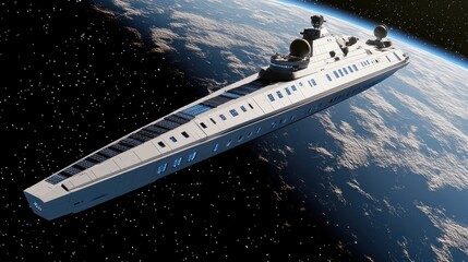 Futuristic spacecraft-like vessel orbiting Earth, set against a backdrop of space