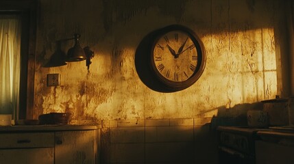 An antique kitchen glows in warm light, featuring a clock, aged walls, and vintage appliances