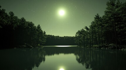 Calm lake reflects moon's light, flanked by dark forest, under starry sky