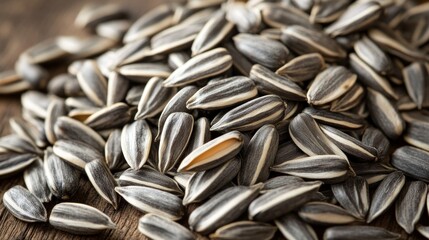 Close-up of a pile of striped seeds, some opened, textured wooden surface