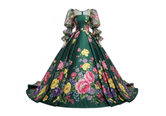 Green floral dress with ruffled sleeves isolated on transparent background