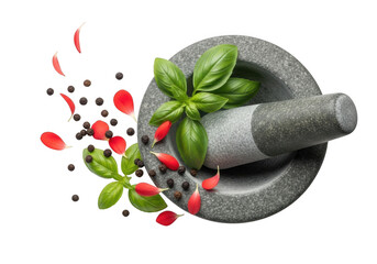 Stone mortar with basil and spices isolated on transparent background