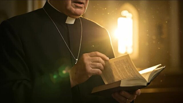 Close up portrait of Catholic clergyman. Christian priest in black clerical clothing with silver cross necklace and Bible book on hands in temple or church. Religious and traditional faith concept.