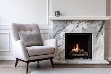 Naklejka premium Comfortable upholstered chair sits beside a sophisticated marble fireplace with a warm fire burning