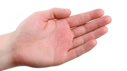 Open hand demonstrating symptoms of dyshidrosis, a type of eczema that causes small, itchy blisters on the palms and fingers, on a transparent background