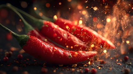 Three red chili peppers surrounded by swirling fire and spices on a dark background showing an explosion of flavor and vibrant red.