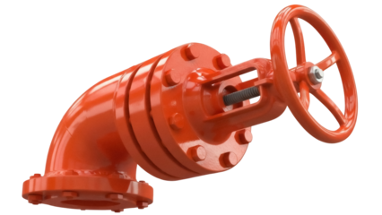 Red industrial valve PNG isolated on transparent background, pipeline control equipment for plumbing and engineering applications