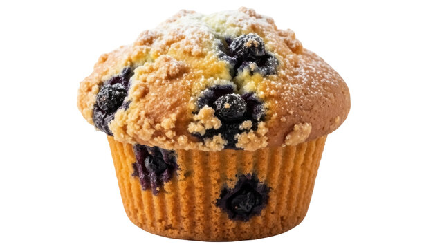 Delicious blueberry muffin with powdered sugar isolated PNG, sweet baked treat for breakfast or dessert on transparent background