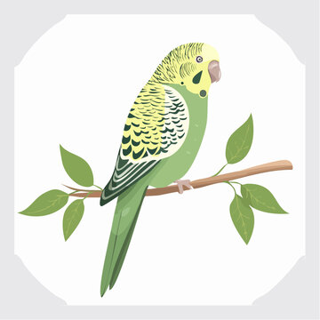 Jolie perruche &agrave; ailes vertes, oiseau, collier jaune, sur sa branche, isol&eacute; sur un fond blanc