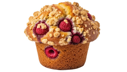 Delicious raspberry muffin with crumble topping isolated PNG, sweet baked good for breakfast or dessert on transparent background