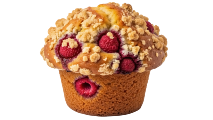 Delicious raspberry muffin with crumble topping isolated PNG, sweet baked good for breakfast or dessert on transparent background