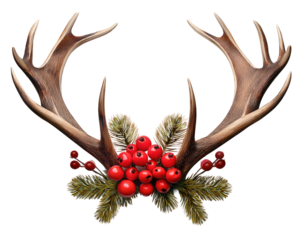 Two christmas horns with festive red berries arrangement, elegant holiday decoration concept on a white surface