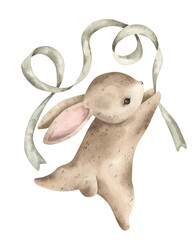 Green easter. Charming watercolor hand-drawn illustration with easter bunny in the jump and green wavy ribbon. Cute seasonal easter decor. For greeting cards, scrapbooking and festive events