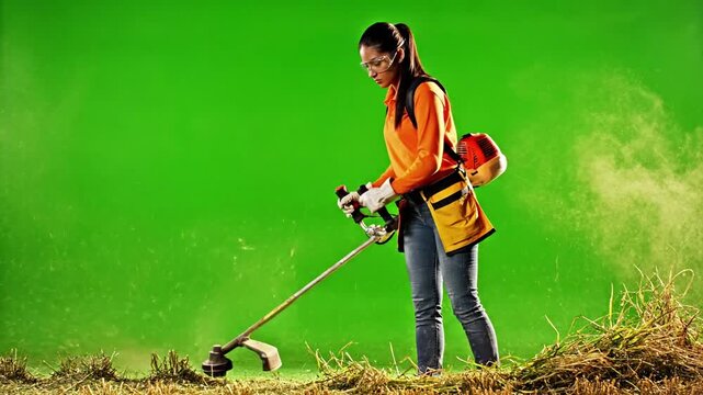 Clouds drifting by on freshly cut grass with string trimmer trimming grass at effect videos Mission Cordless Power Tools V4 (real