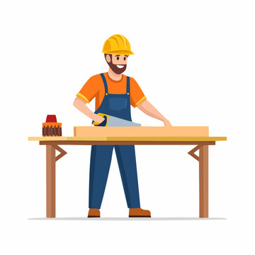 Un menuisier en train de scier une planche sur son &eacute;tabli,   isol&eacute; sur fond blanc