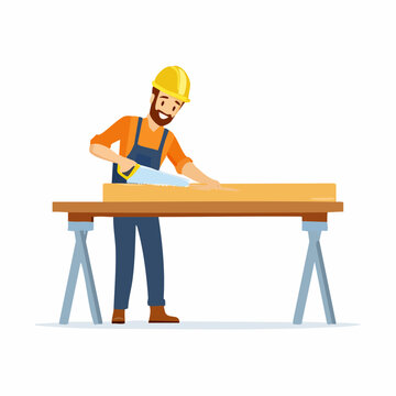 Un menuisier en train de scier une planche sur son &eacute;tabli,   isol&eacute; sur fond blanc