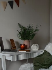 Cozy Reading Nook With Potted Plant. Soft Blanket Draped Over Plush Armchair, Ceramic Shell Beside Stacked Books, Flickering Candle And Evergreen