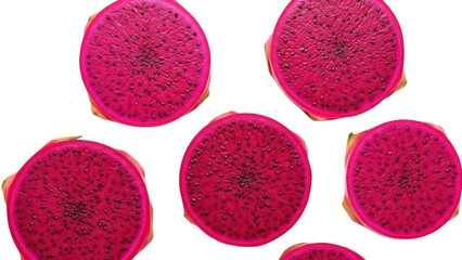 Vibrant pink dragon fruit slices isolated PNG, exotic tropical fruit cut on transparent background for healthy eating and summer designs