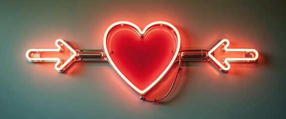 Retro neon heart sign with arrows in bright red and pink colors  