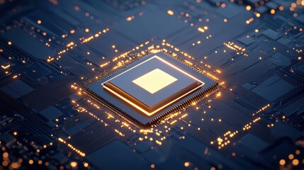 Close-up view of a CPU circuit board glowing with light, highlighting the central processing unit