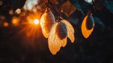 Sunlit seeds glow with delicate veins on a branch, sunlight rays peek through in a warm embrace