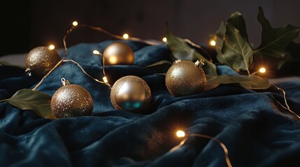 Naklejka premium Christmas ornaments arranged on elegant velvet cloth with fairy lights .