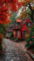 Fototapeta premium cobblestone street with red-roofed houses, autumn leaves on the ground